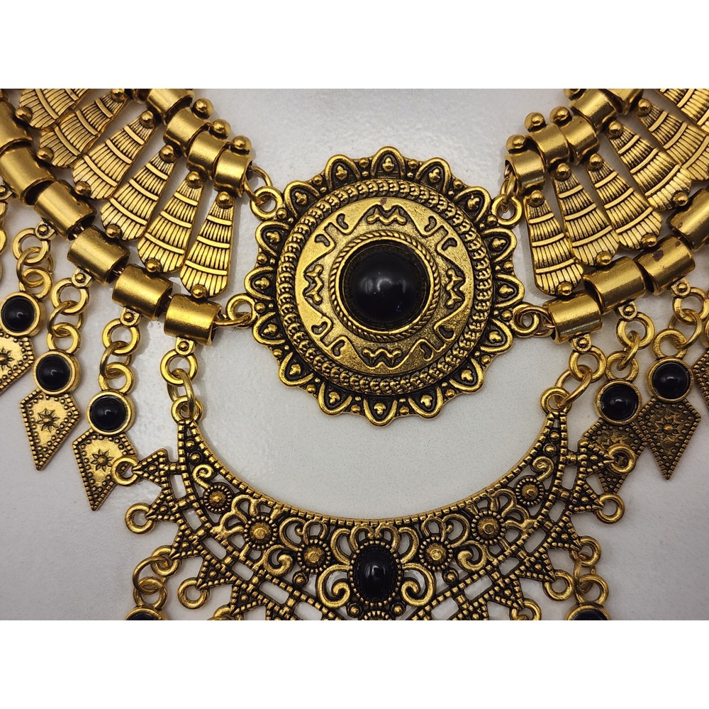 Egyptian Revival Gold Tone Choker Necklace Black Cabochon Statement Cleopatra - Picture 1 of 5